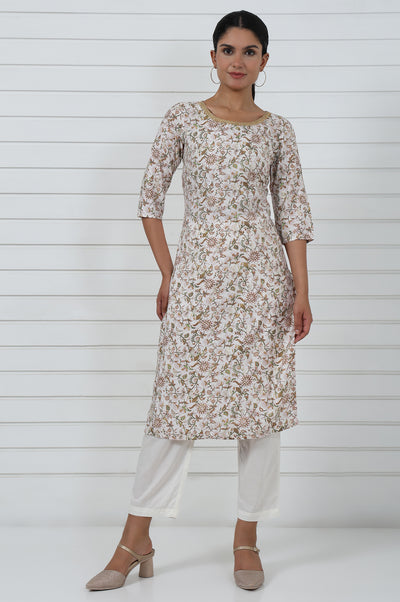 White Botanical Printed Dori Embroidered Straight Kurta