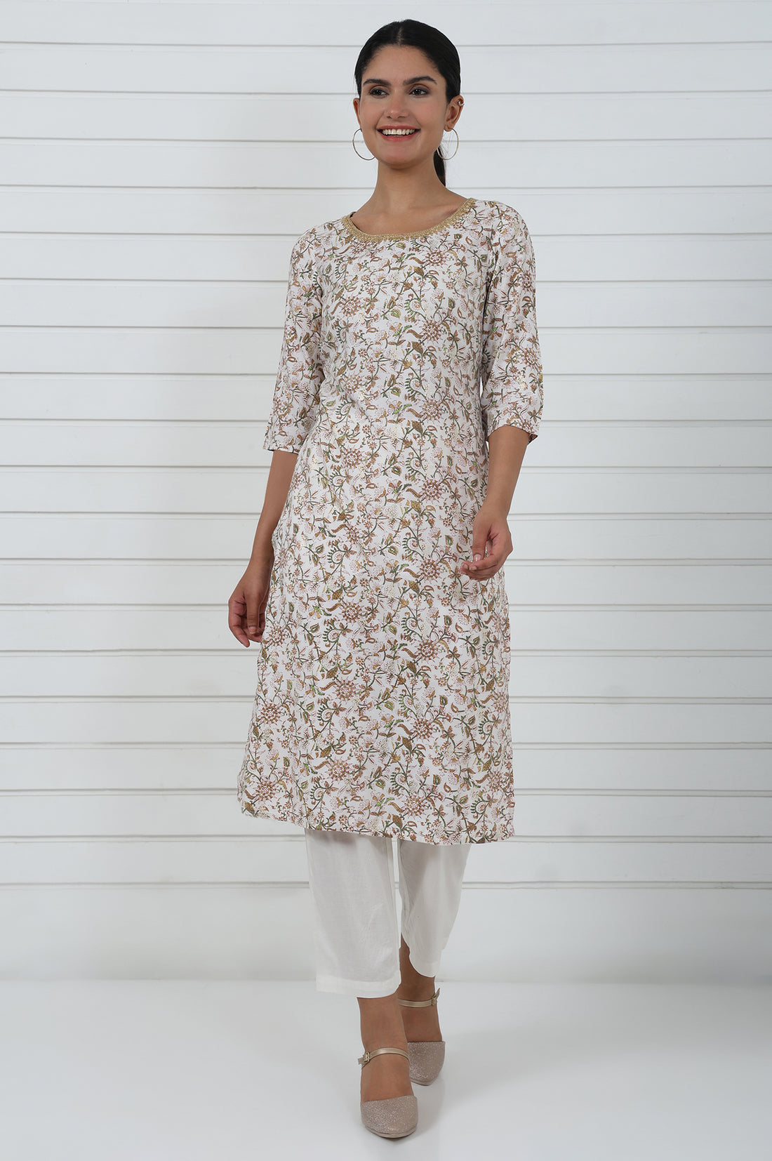 White Botanical Printed Dori Embroidered Straight Kurta