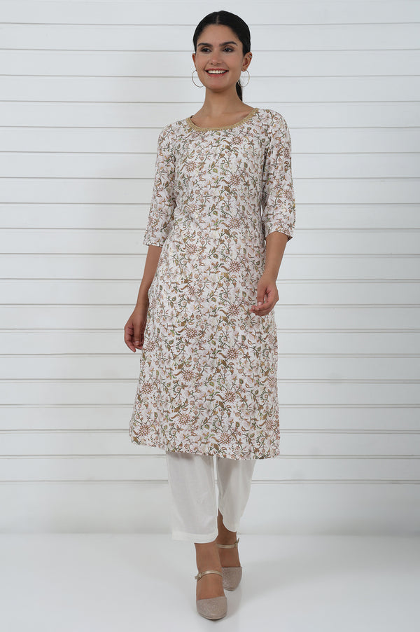 White Botanical Printed Dori Embroidered Straight Kurta