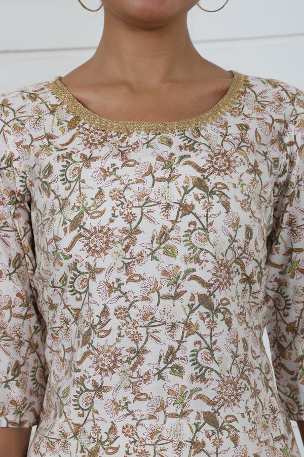 White Botanical Printed Dori Embroidered Straight Kurta