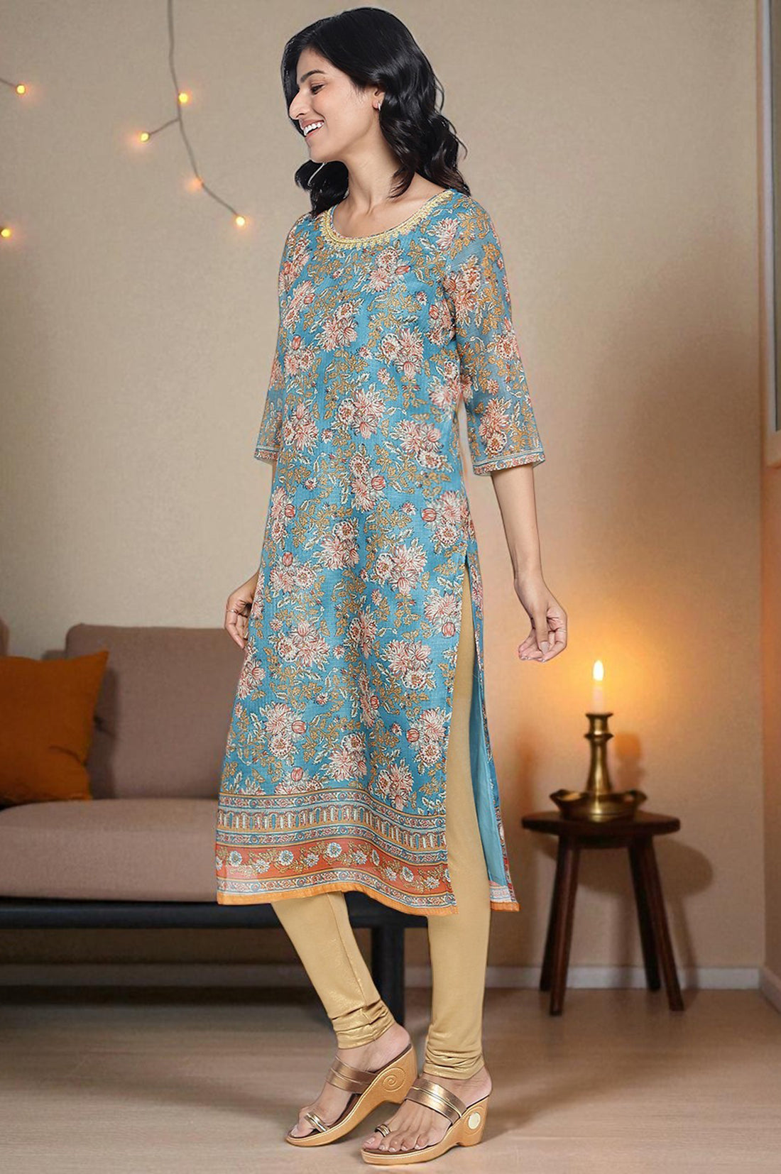 Blue Botanical Printed Dori Embroidery Straight Kota Kurta