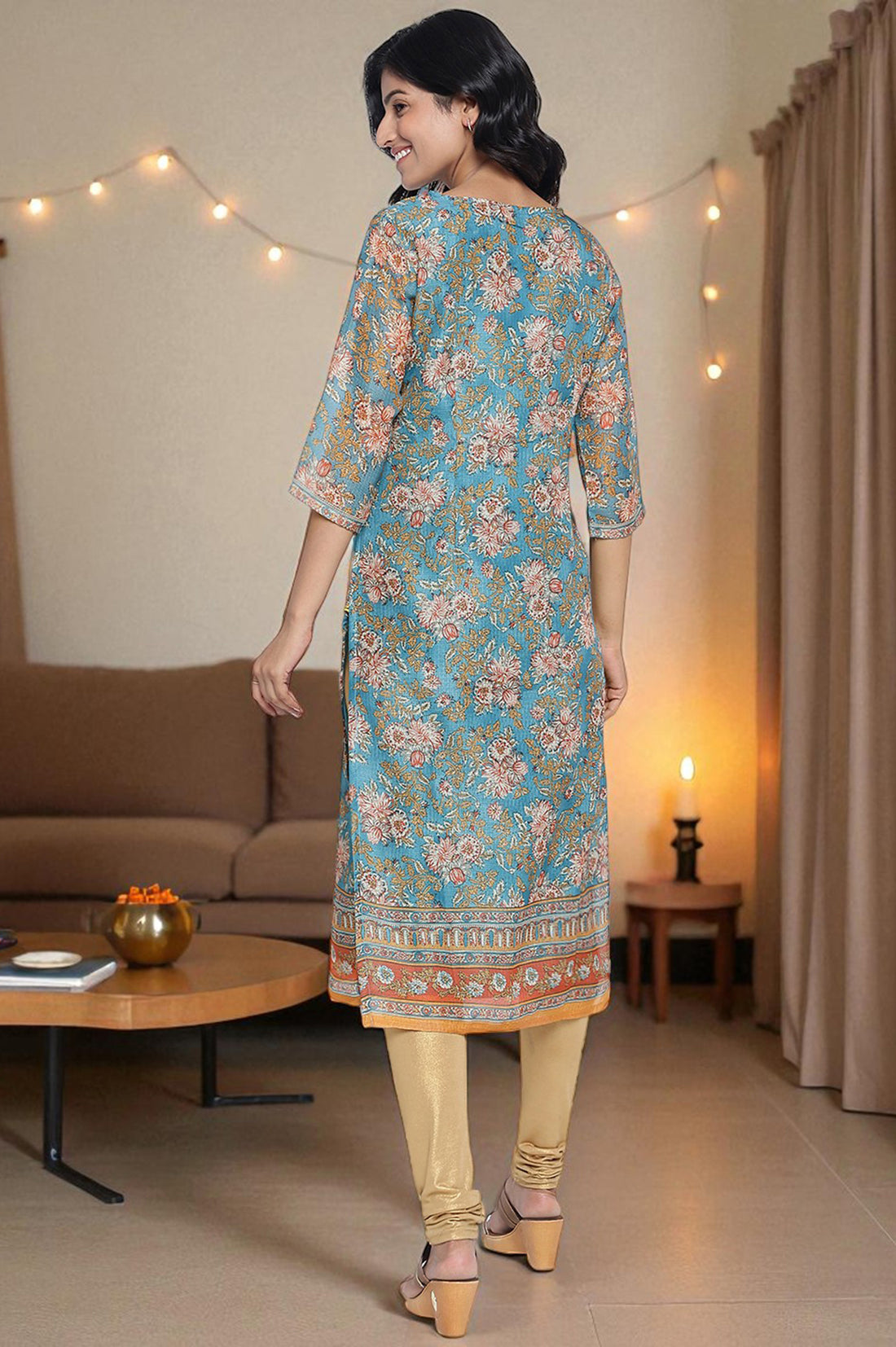 Blue Botanical Printed Dori Embroidery Straight Kota Kurta
