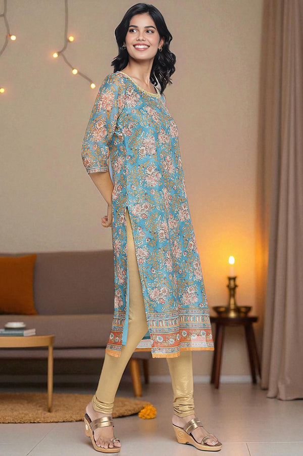 Blue Botanical Printed Dori Embroidery Straight Kota Kurta