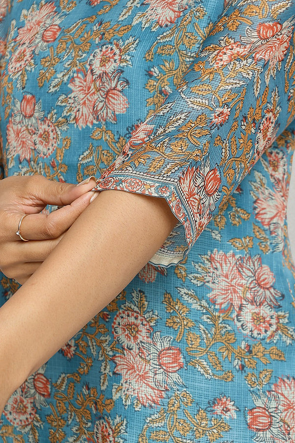 Blue Botanical Printed Dori Embroidery Straight Kota Kurta
