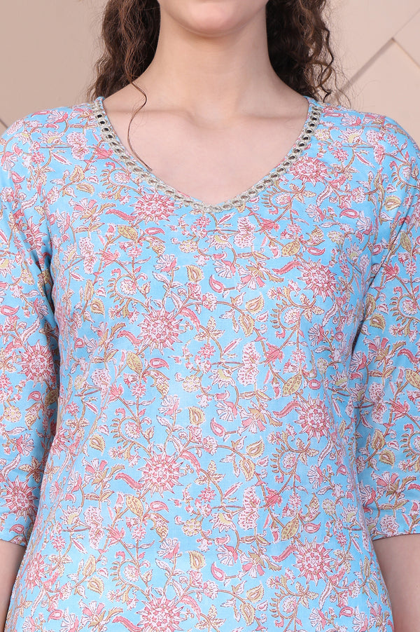 Blue Botanical Printed Pure Cotton Straight Kurta