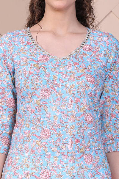 Blue Botanical Printed Pure Cotton Straight Kurta