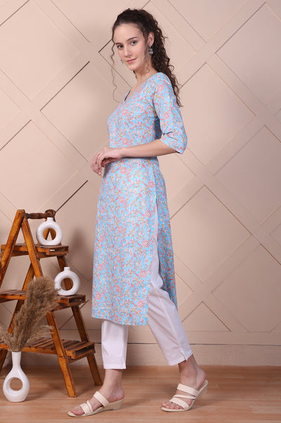 Blue Botanical Printed Pure Cotton Straight Kurta
