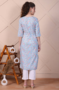 Blue Botanical Printed Pure Cotton Straight Kurta