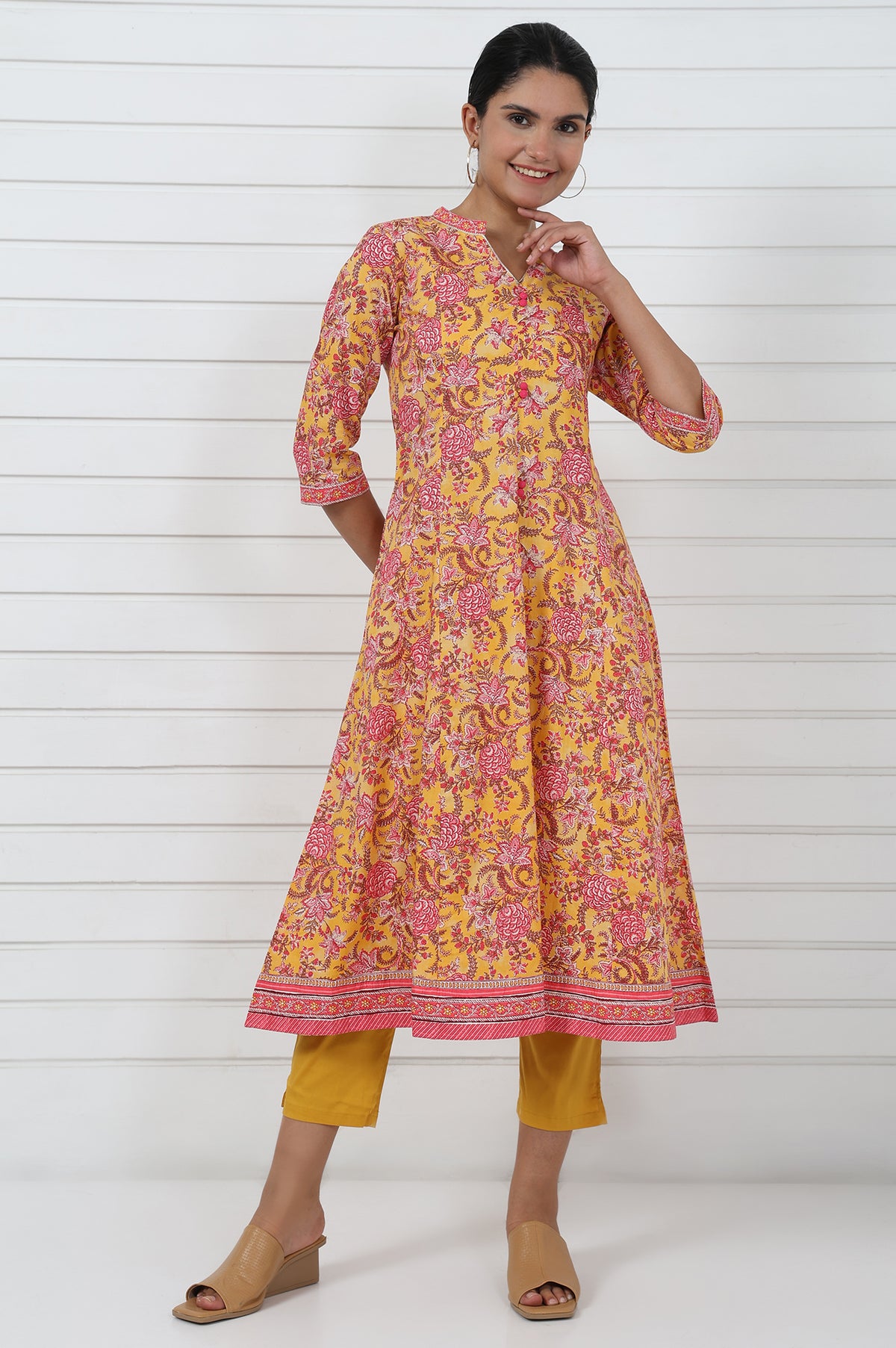 Yellow Floral Printed Lace Pure Cotton Anarkali Kurta - S