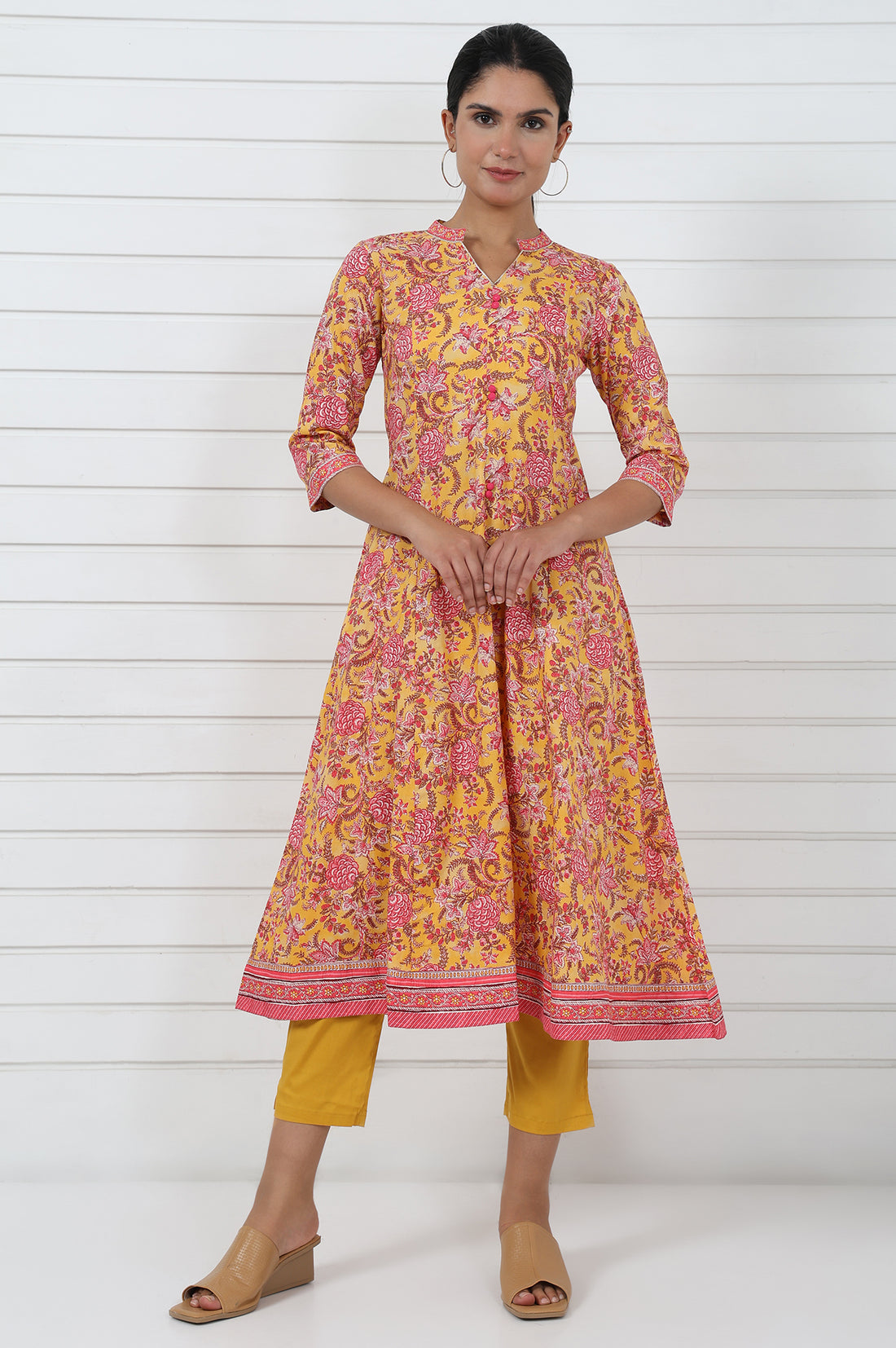 Yellow Floral Printed Lace Pure Cotton Anarkali Kurta