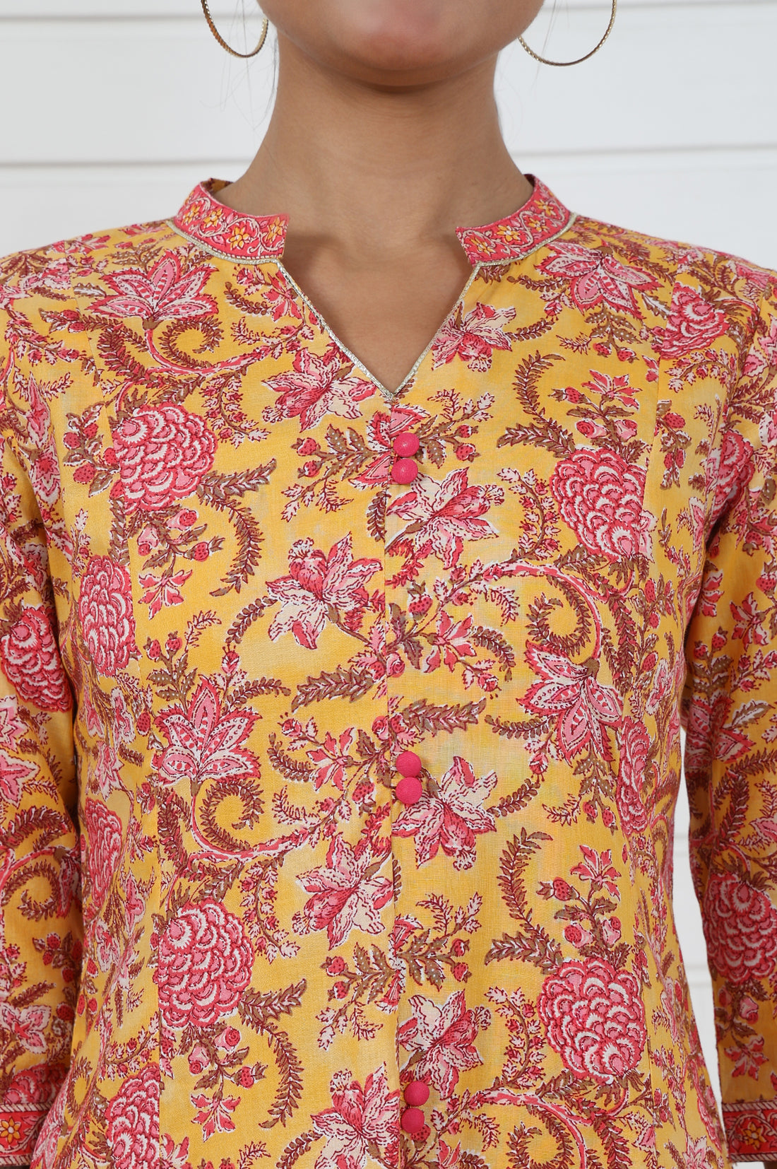 Yellow Floral Printed Lace Pure Cotton Anarkali Kurta