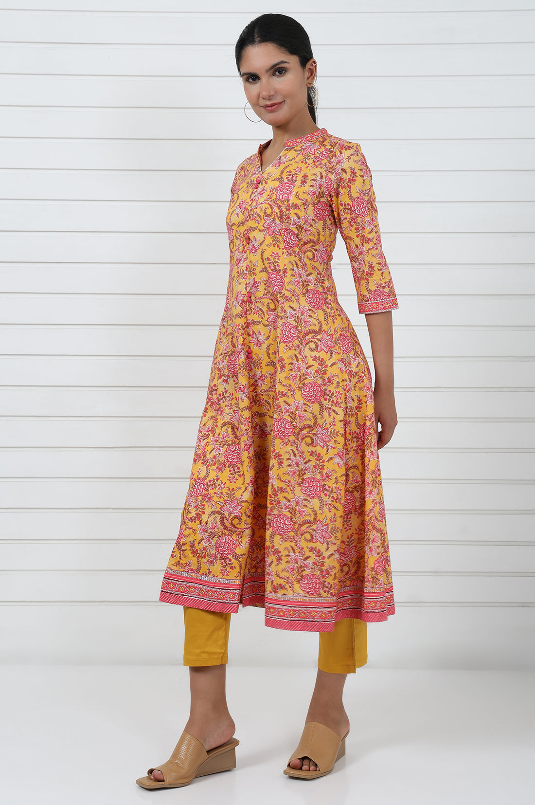 Yellow Floral Printed Lace Pure Cotton Anarkali Kurta