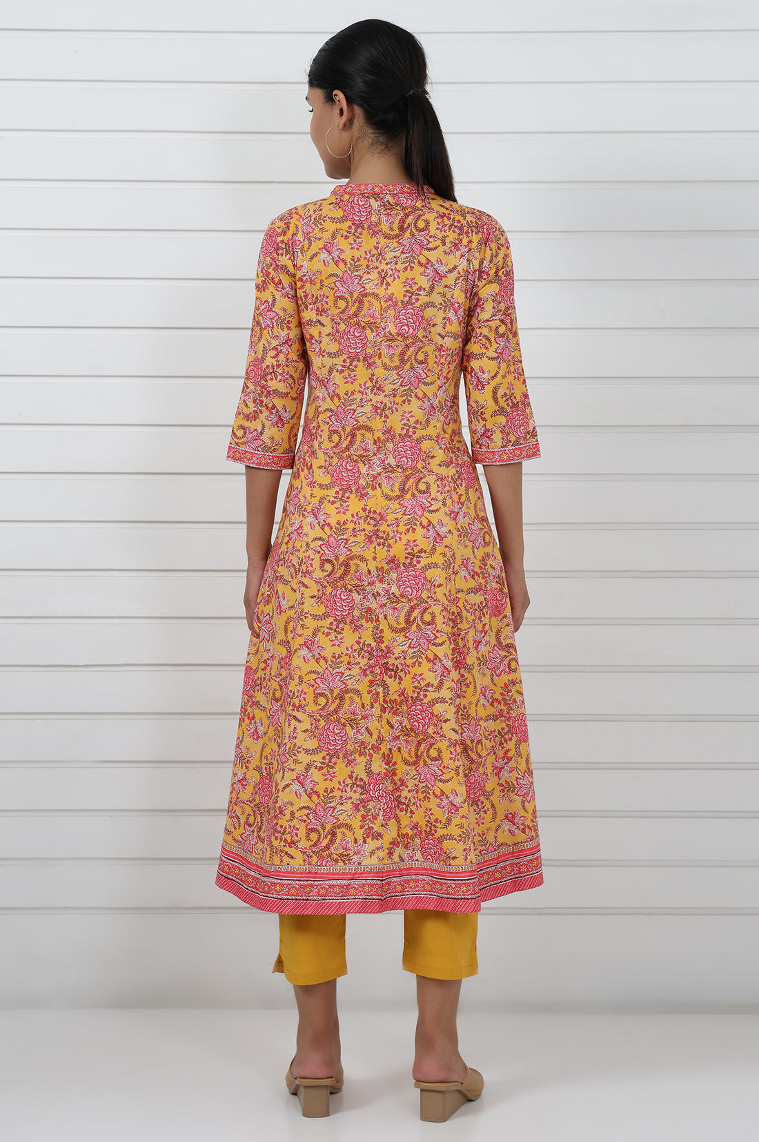 Yellow Floral Printed Lace Pure Cotton Anarkali Kurta