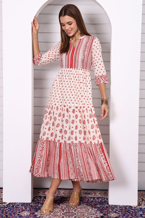 White and Red Abstract Printed Cotton Lurex Tiered Dress
