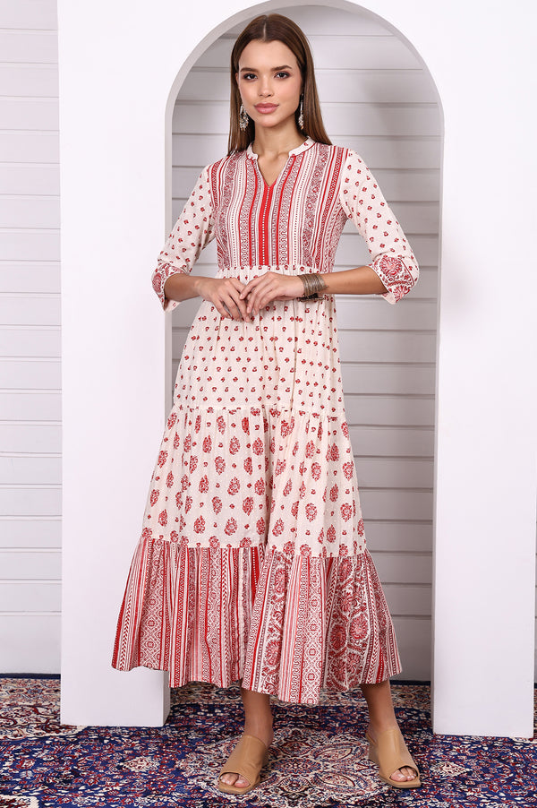 White and Red Abstract Printed Cotton Lurex Tiered Dress