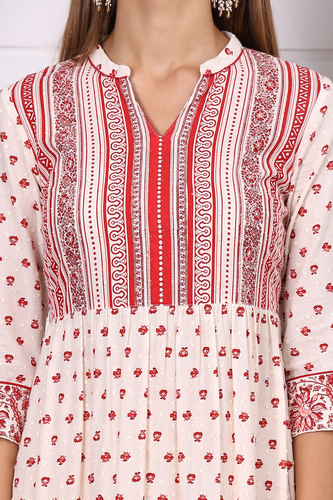 White and Red Abstract Printed Cotton Lurex Tiered Dress