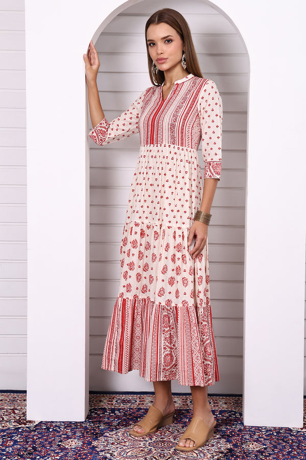 White and Red Abstract Printed Cotton Lurex Tiered Dress