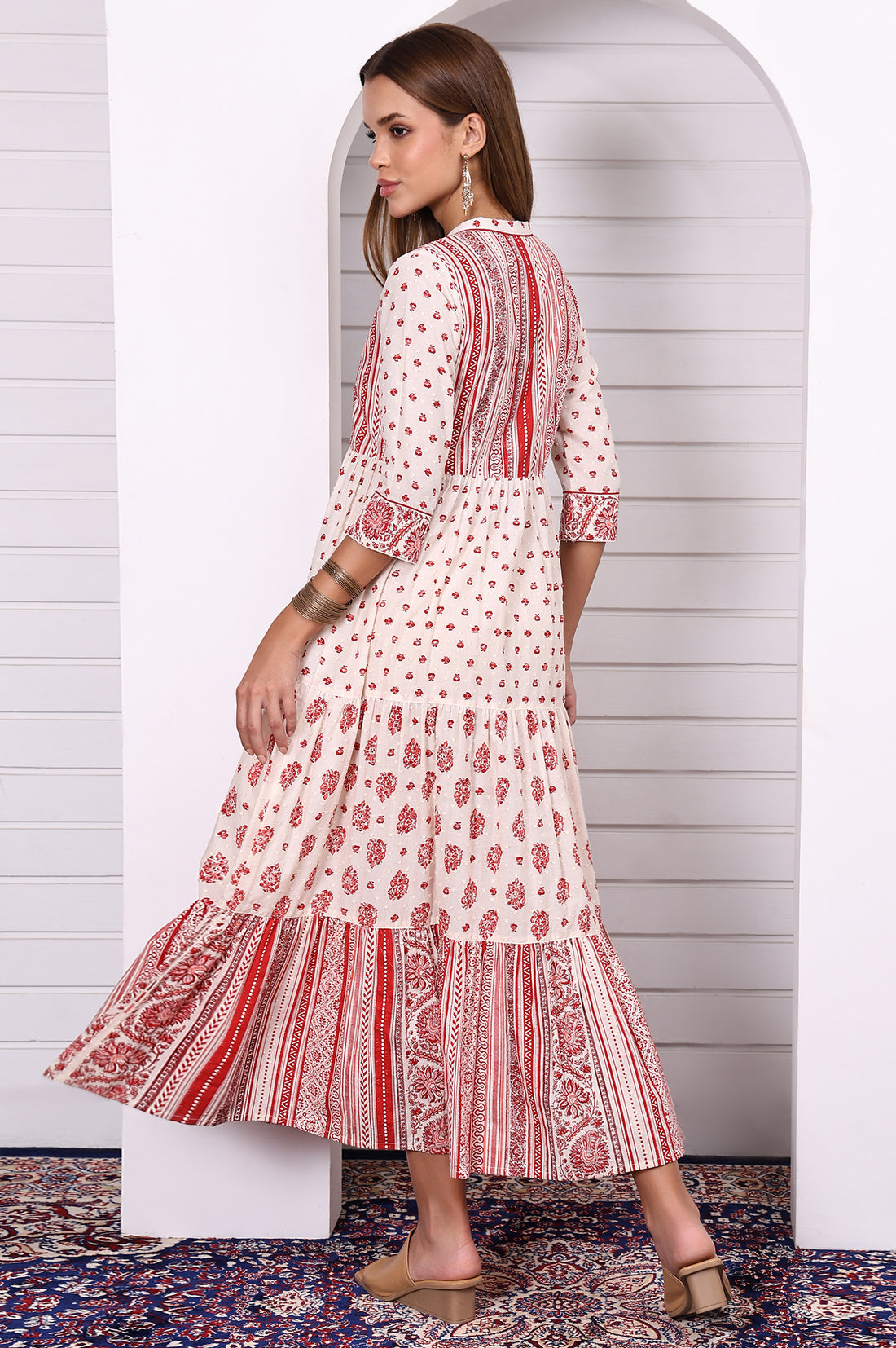 White and Red Abstract Printed Cotton Lurex Tiered Dress