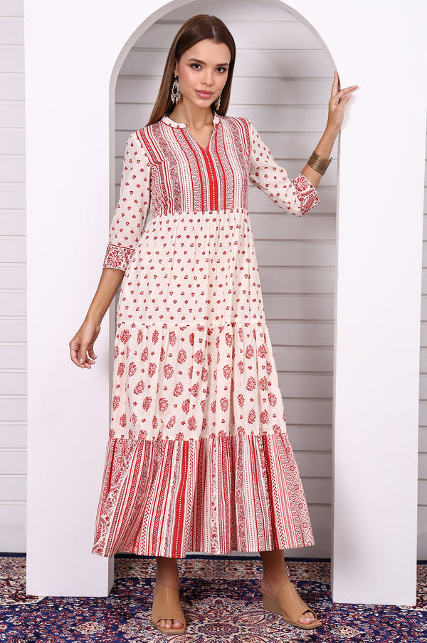 White and Red Abstract Printed Cotton Lurex Tiered Dress