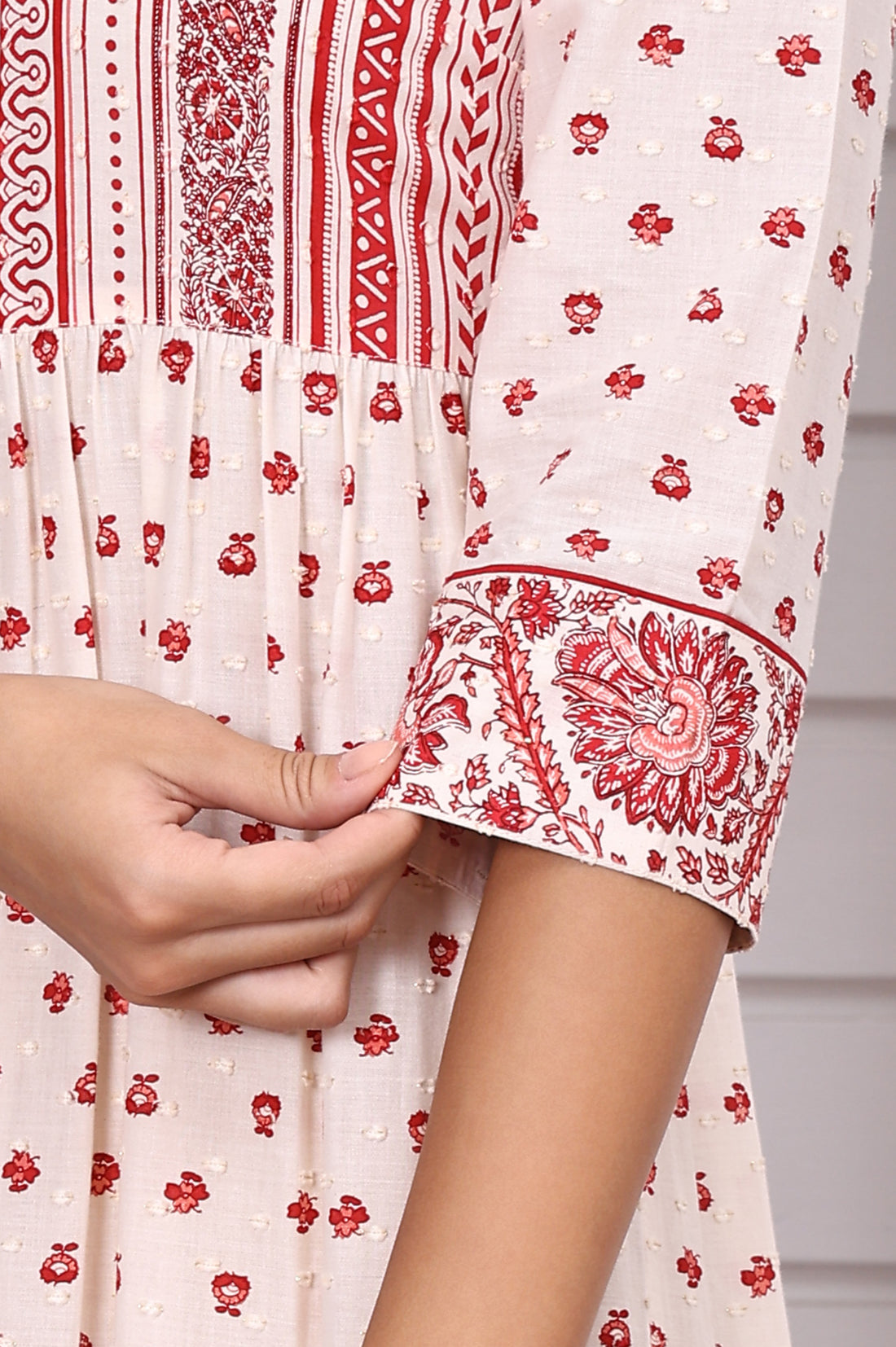 White and Red Abstract Printed Cotton Lurex Tiered Dress