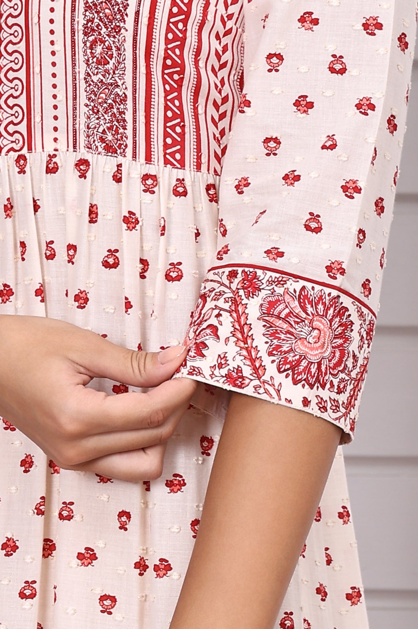 White and Red Abstract Printed Cotton Lurex Tiered Dress