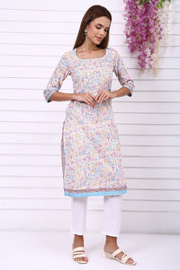 White Floral Printed Pure Cotton Straight Kurta with Tape