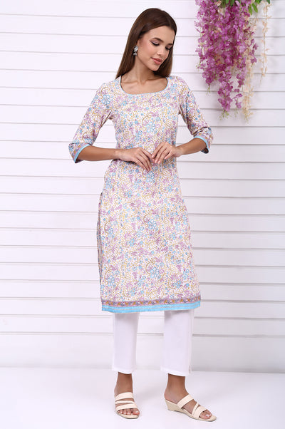 White Floral Printed Pure Cotton Straight Kurta with Tape