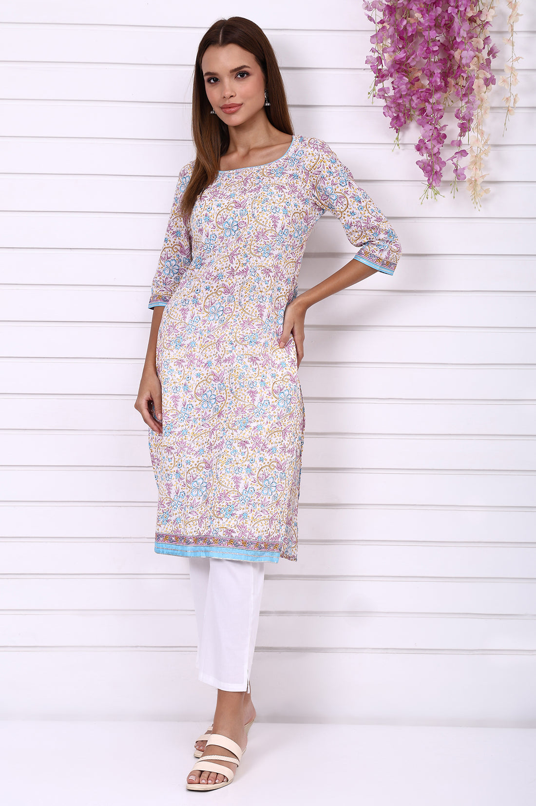 White Floral Printed Pure Cotton Straight Kurta with Tape
