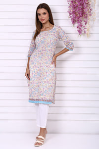White Floral Printed Pure Cotton Straight Kurta with Tape