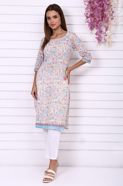 White Floral Printed Pure Cotton Straight Kurta with Tape