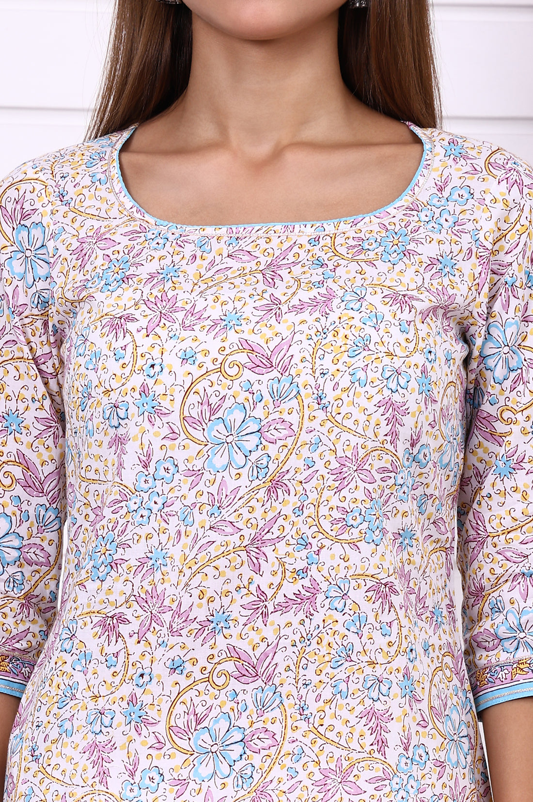 White Floral Printed Pure Cotton Straight Kurta with Tape