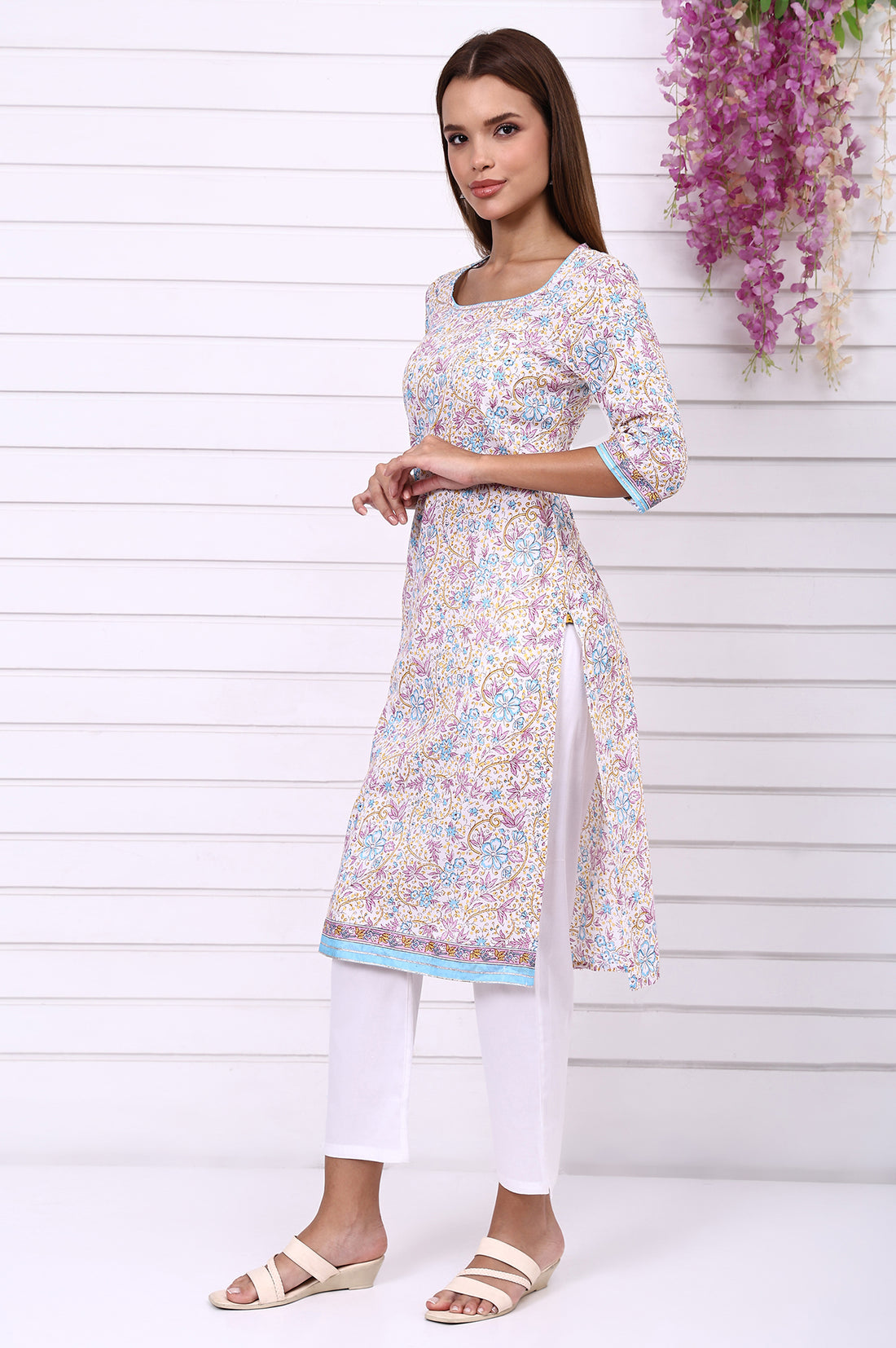 White Floral Printed Pure Cotton Straight Kurta with Tape