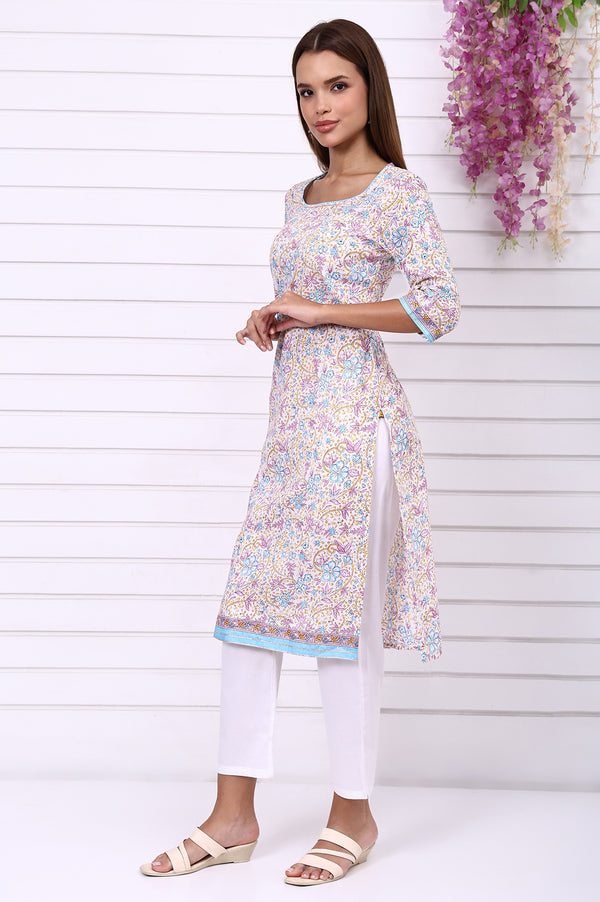 White Floral Printed Pure Cotton Straight Kurta with Tape