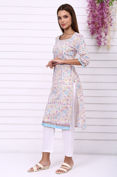 White Floral Printed Pure Cotton Straight Kurta with Tape