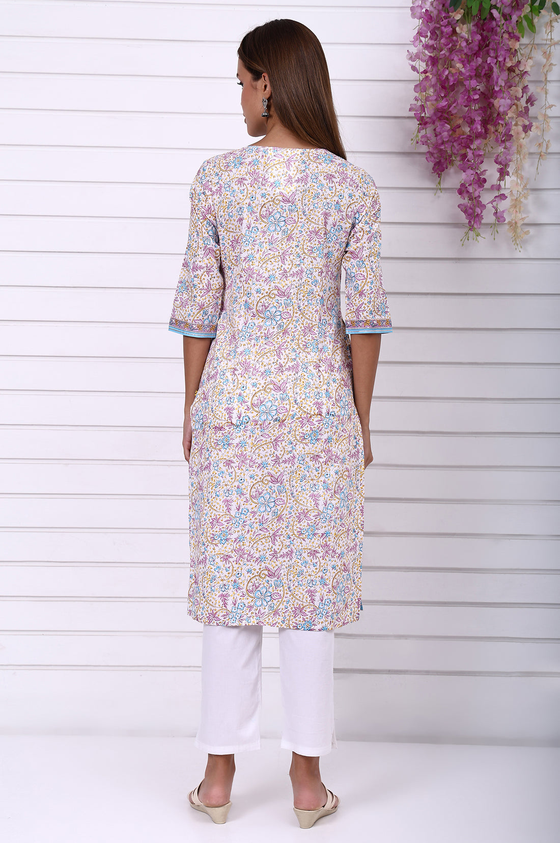 White Floral Printed Pure Cotton Straight Kurta with Tape
