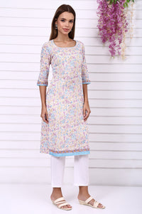 White Floral Printed Pure Cotton Straight Kurta with Tape