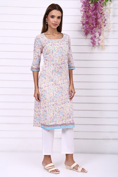 White Floral Printed Pure Cotton Straight Kurta with Tape