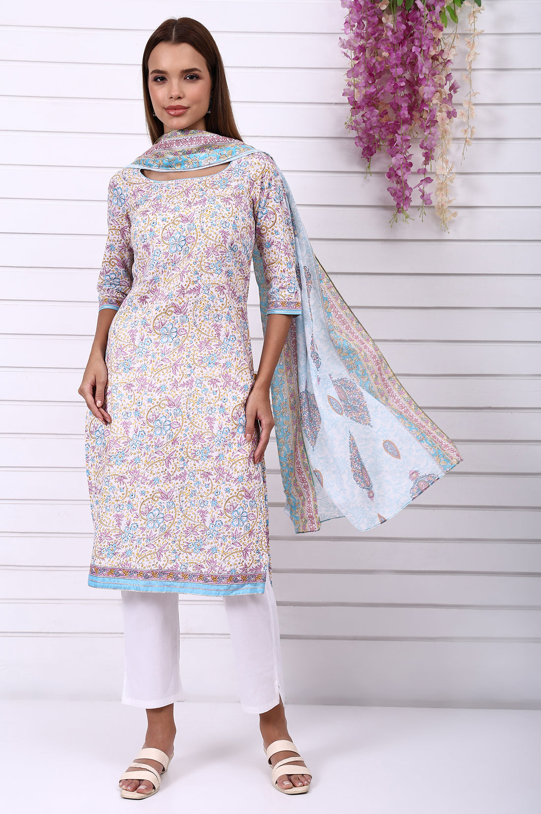 White Floral Printed Pure Cotton Straight Kurta with Tape