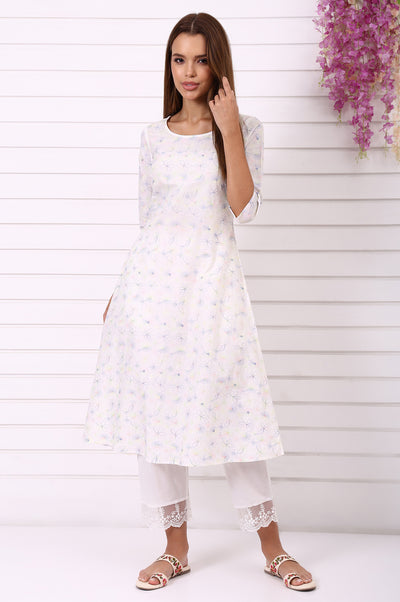 White Thread Embroidered Pure Cotton A-line Kurta