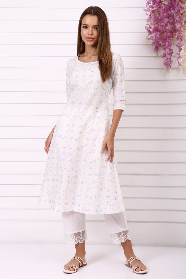 White Thread Embroidered Pure Cotton A-line Kurta