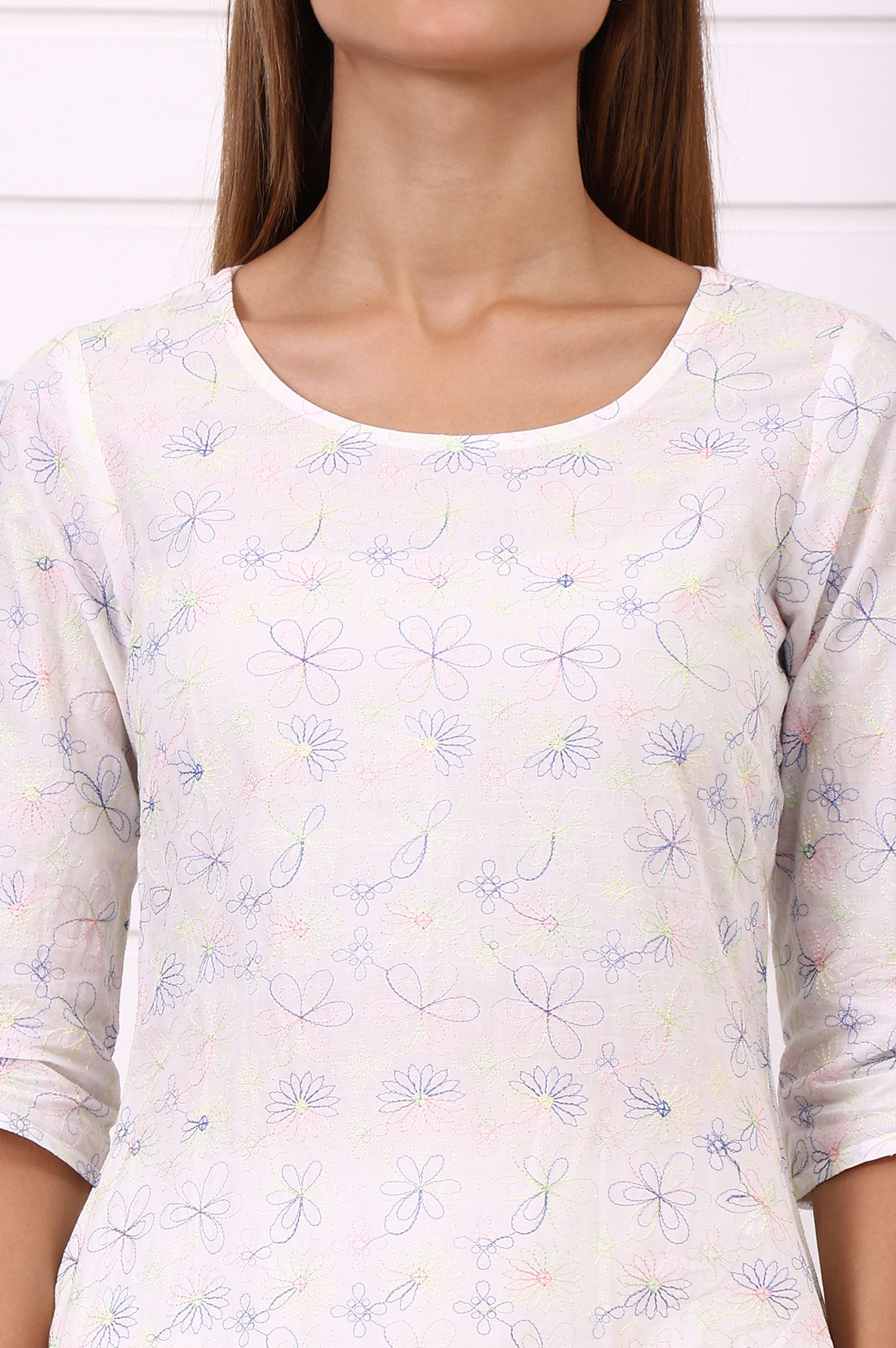 White Thread Embroidered Pure Cotton A-line Kurta