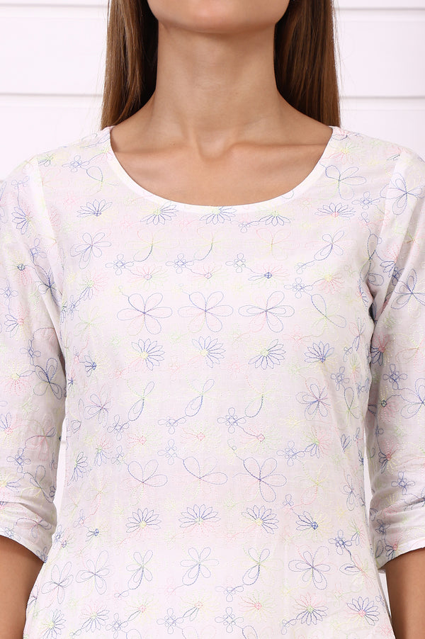 White Thread Embroidered Pure Cotton A-line Kurta