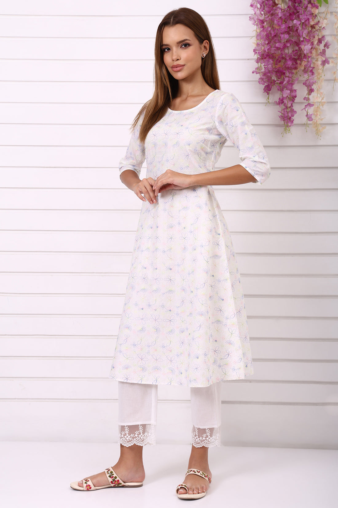 White Thread Embroidered Pure Cotton A-line Kurta