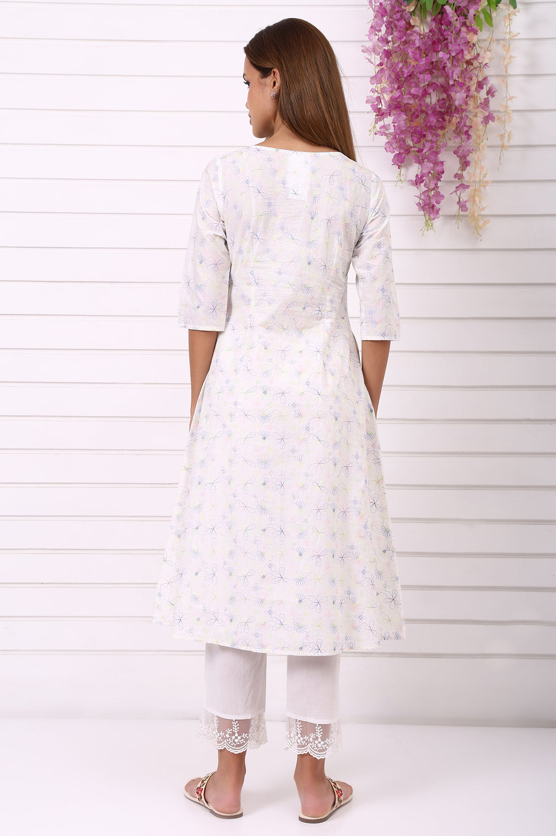 White Thread Embroidered Pure Cotton A-line Kurta