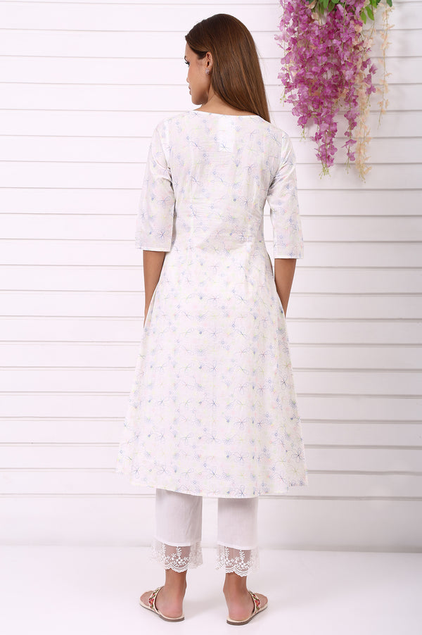 White Thread Embroidered Pure Cotton A-line Kurta
