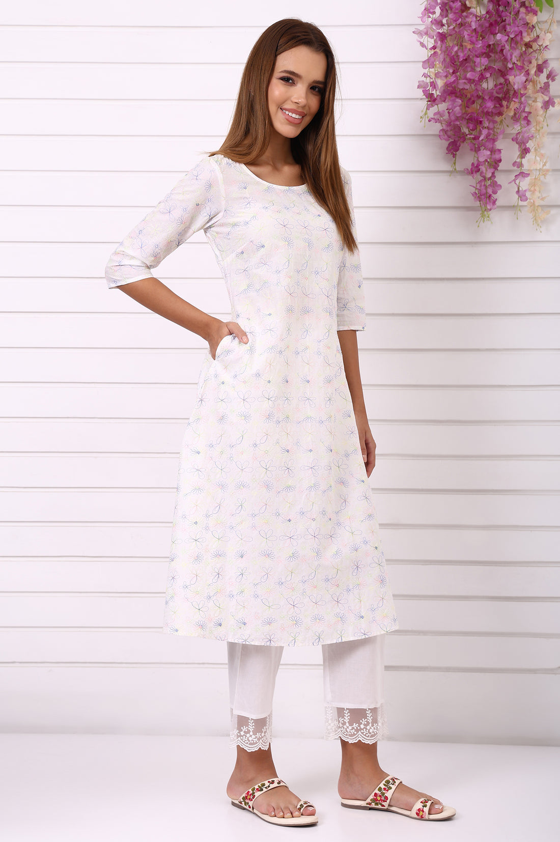 White Thread Embroidered Pure Cotton A-line Kurta