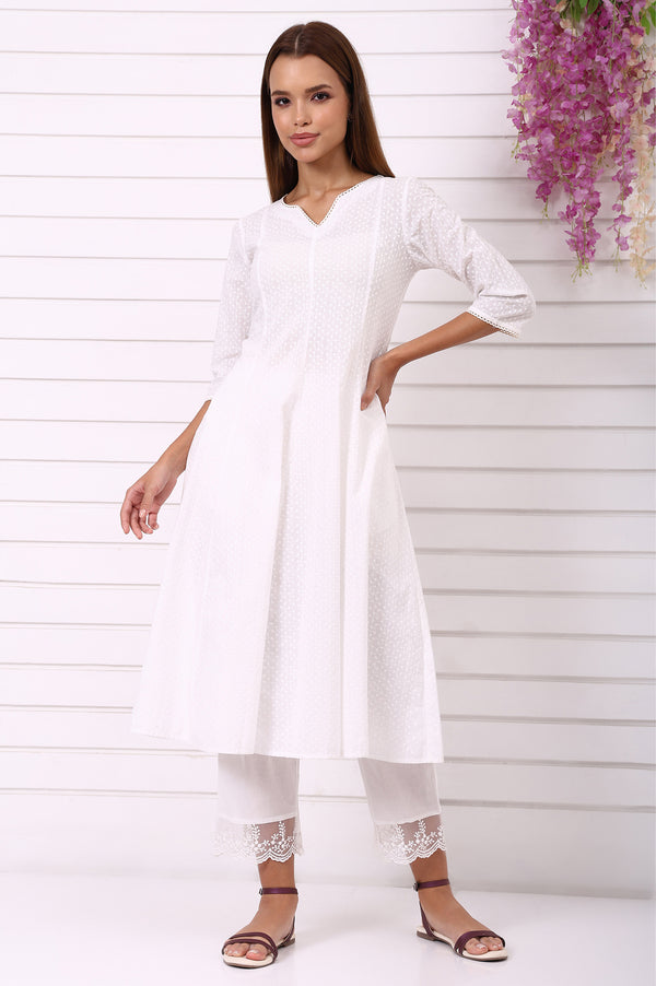 White Schiffli Embroidered Anarkali Kurta with Lace and in round neck with V cut
