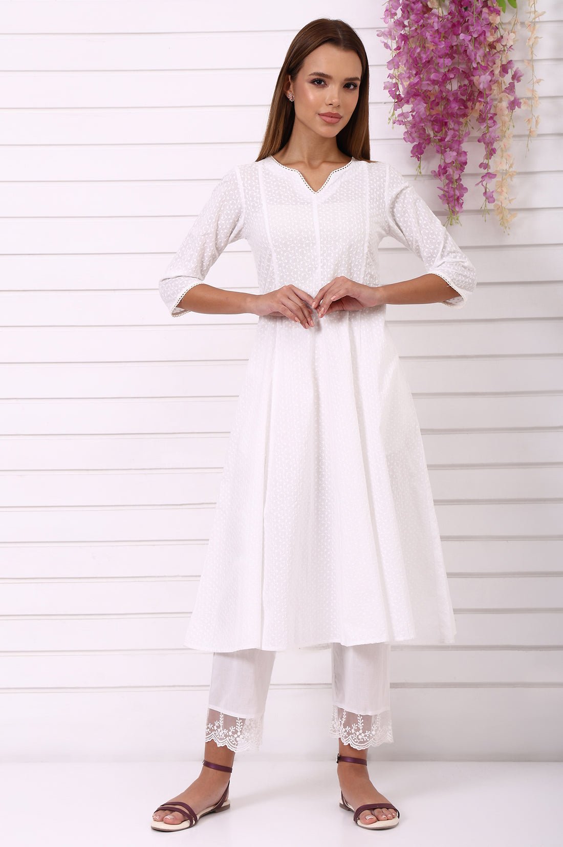 White Schiffli Embroidered Anarkali Kurta with Lace and in round neck with V cut