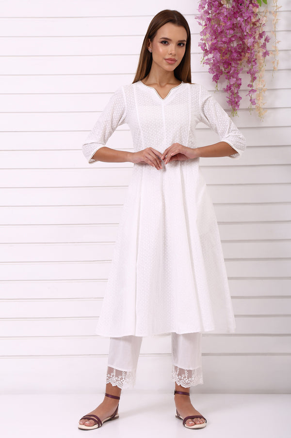 White Schiffli Embroidered Anarkali Kurta with Lace and in round neck with V cut
