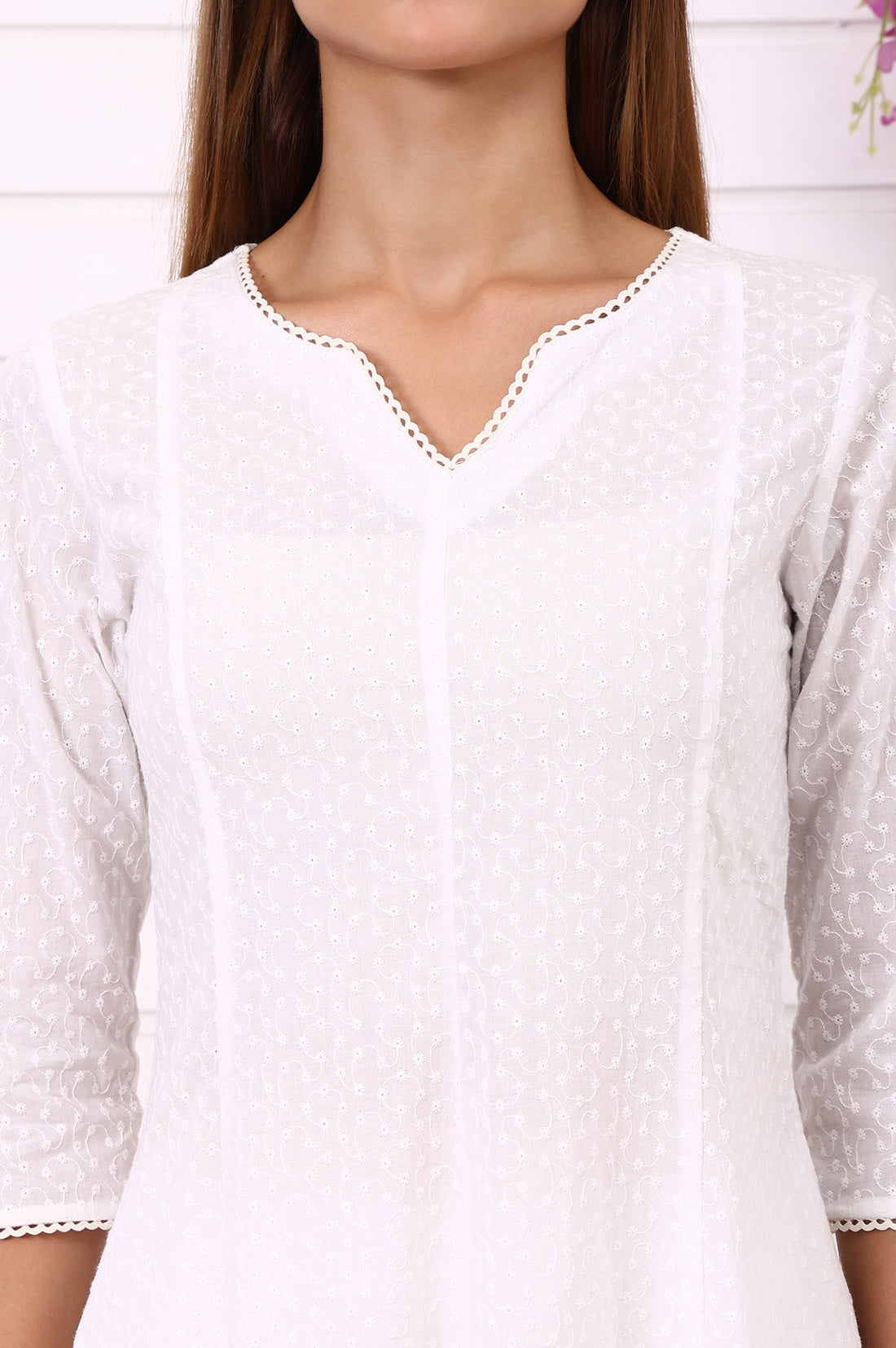 White Schiffli Embroidered Anarkali Kurta with Lace and in round neck with V cut